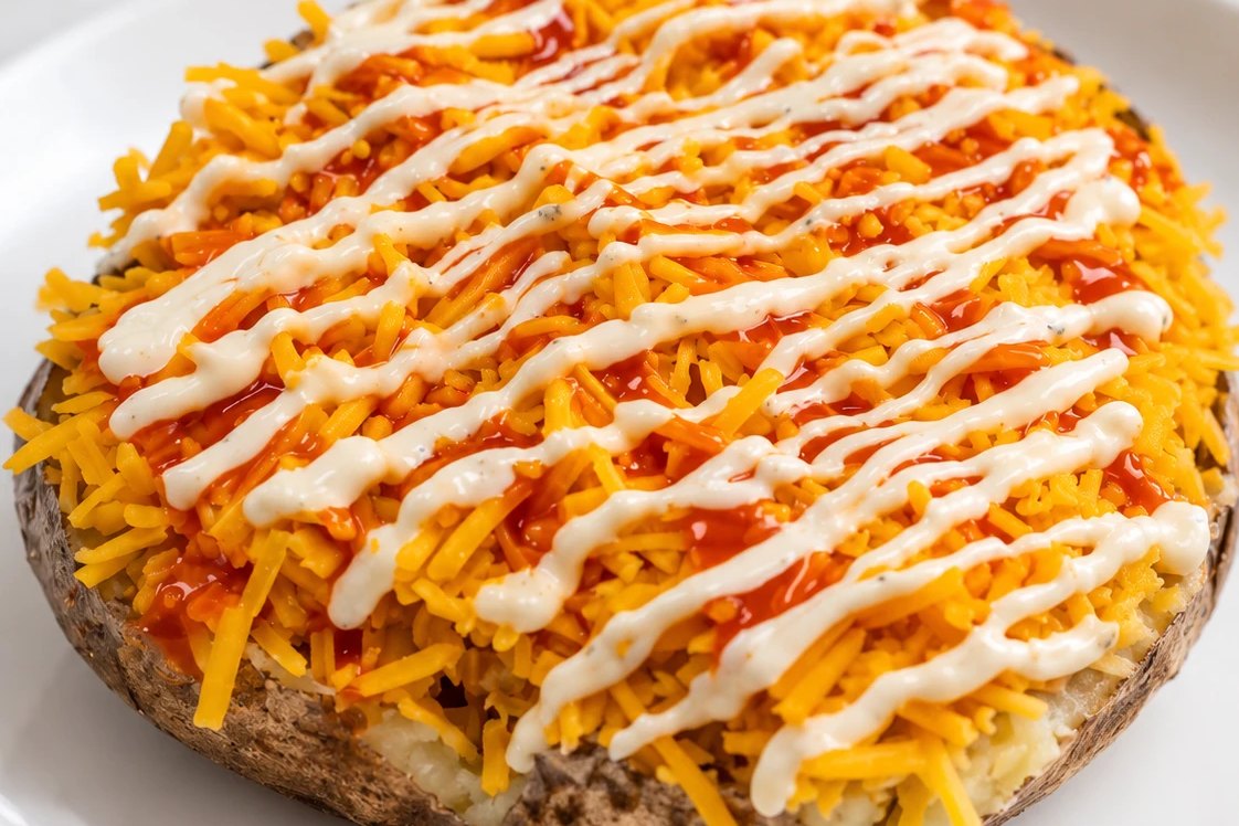 Buffalo Chicken Ranch — a baked potato under cheddar, buffalo sauce and a ranch drizzle