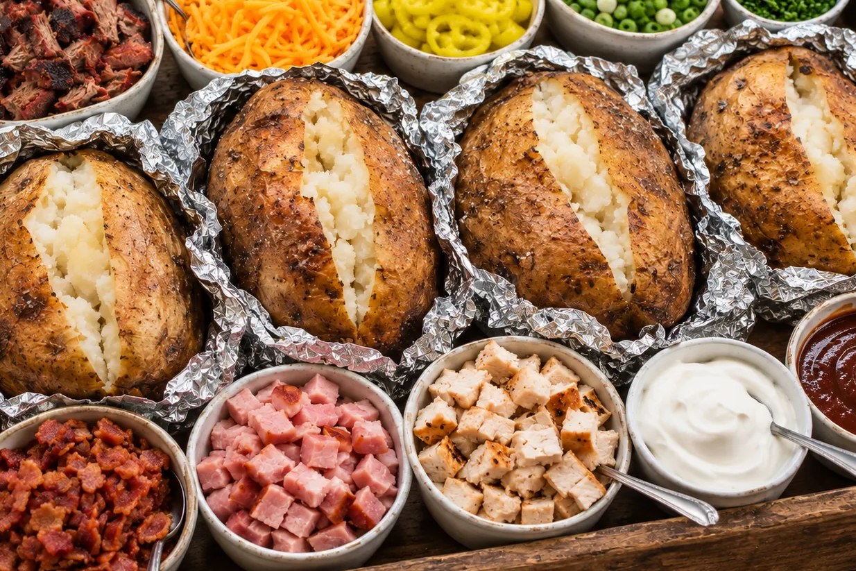 A baked potato bar — split potatoes in foil surrounded by bowls of brisket, cheddar, banana peppers, green onions, chives, bacon, ham, chicken, sour cream and barbecue sauce