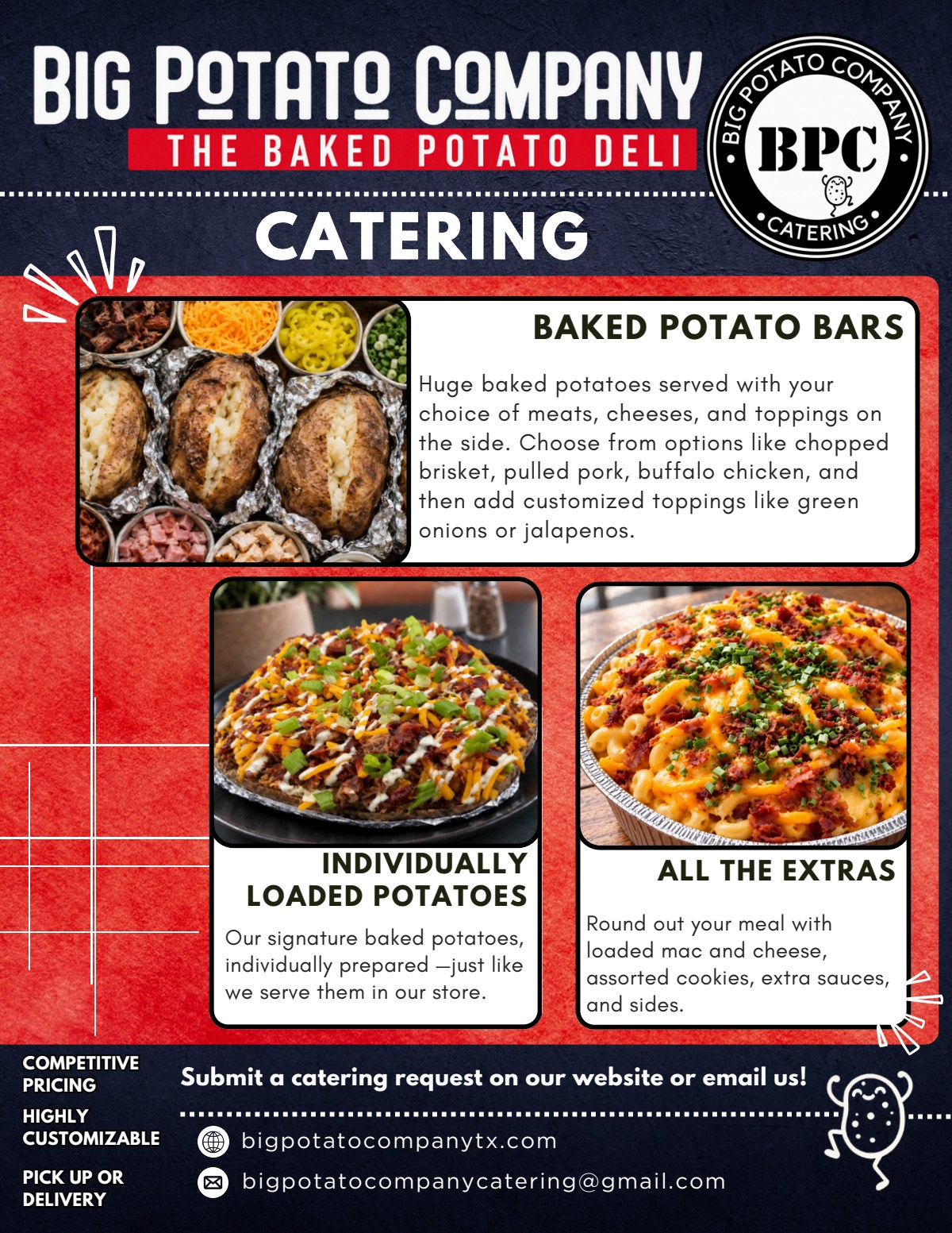 Big Potato Company catering flyer — baked potato bars, individually loaded potatoes and extras like loaded mac and cheese, cookies and sauces. Competitive pricing, highly customizable, pick up or delivery.
