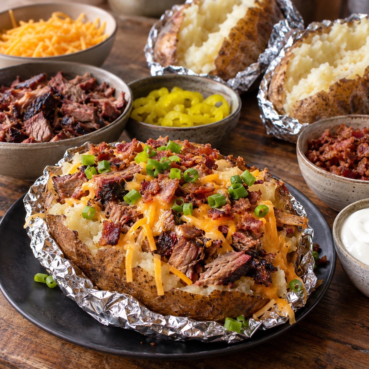 A jumbo baked potato loaded with brisket, cheddar, bacon and green onions, surrounded by bowls of toppings and more potatoes in foil