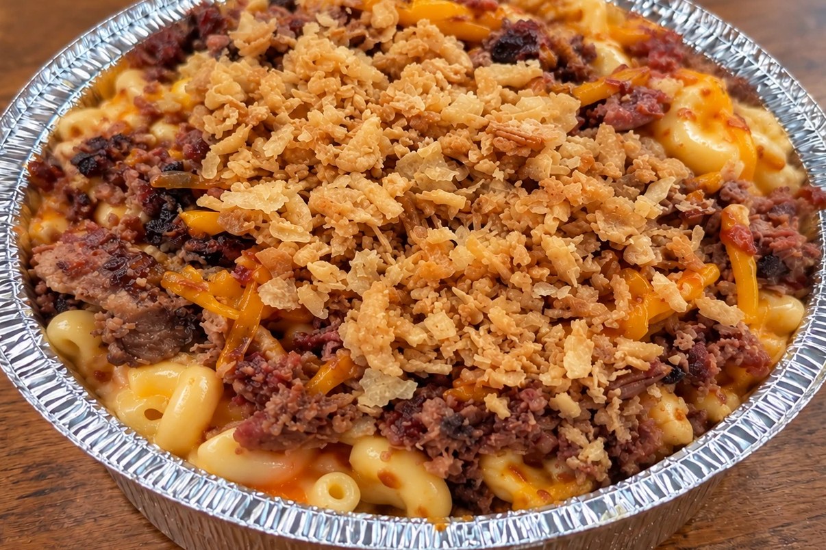 A catering pan of loaded mac and cheese topped with brisket, cheddar and crispy fried onions
