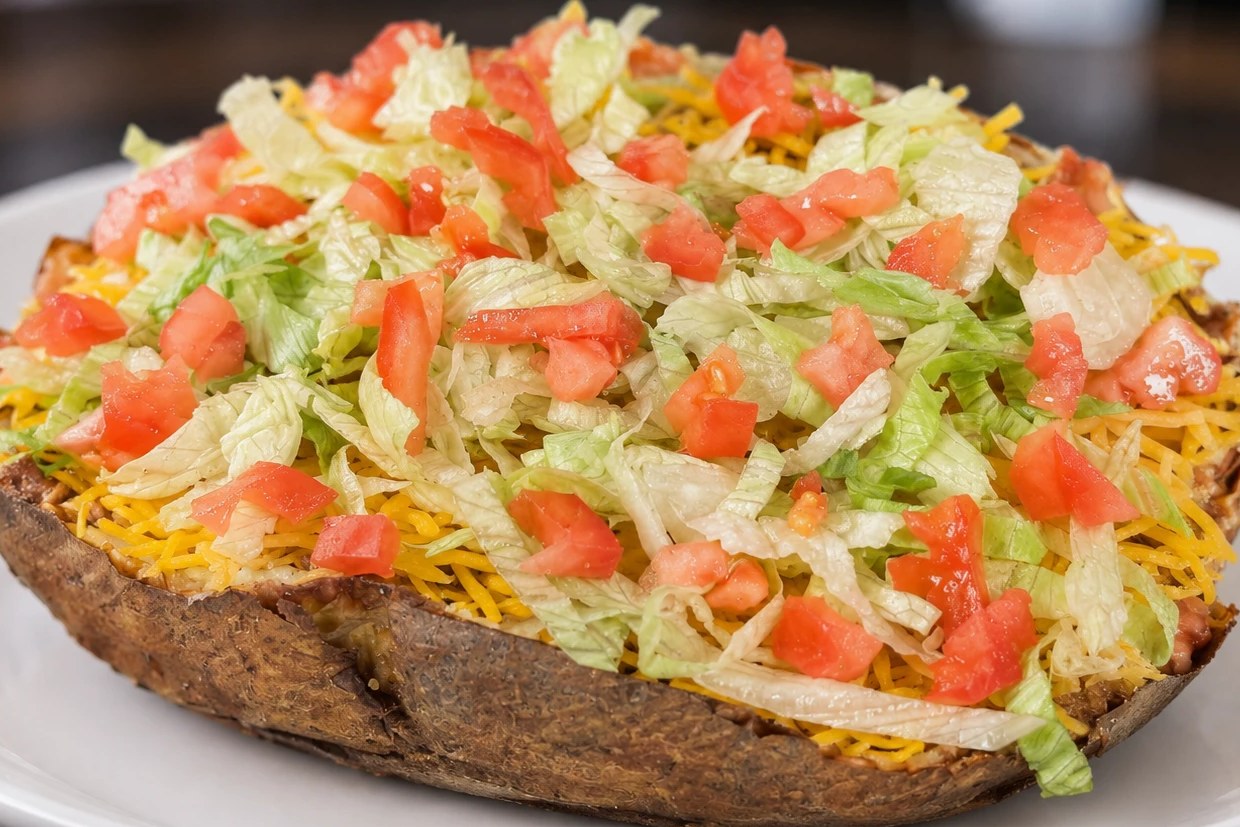 A signature loaded potato, plated the way it is served in the store