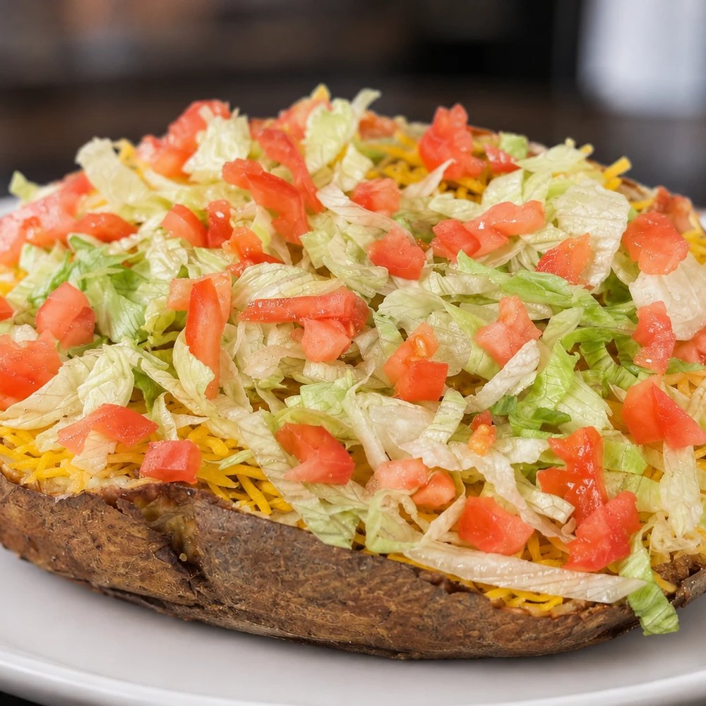 Loco Taco potato — seasoned beef, cheddar, lettuce and diced tomatoes