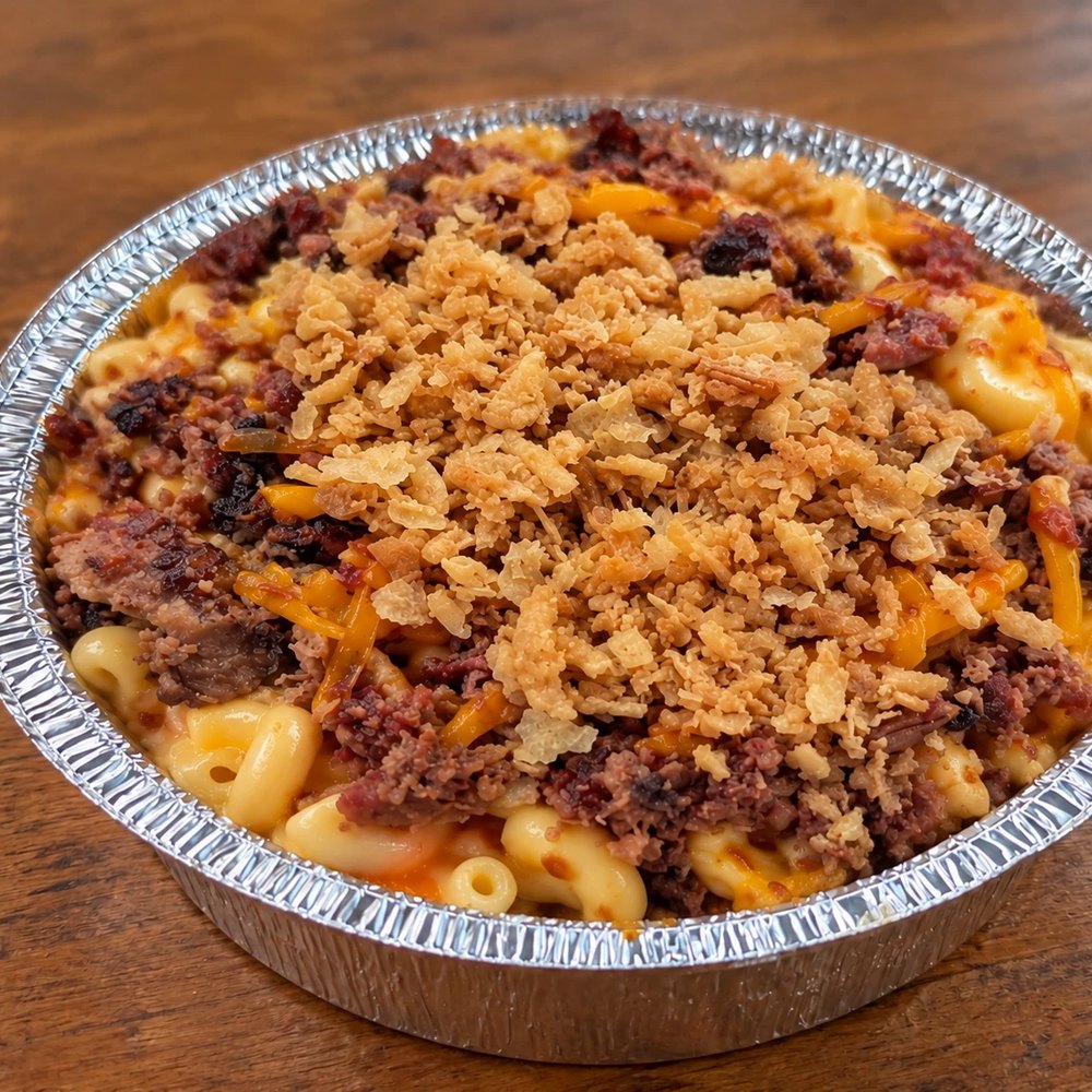 BBQ Brisket Loaded Mac — mac and cheese under brisket, cheddar and crispy fried onions