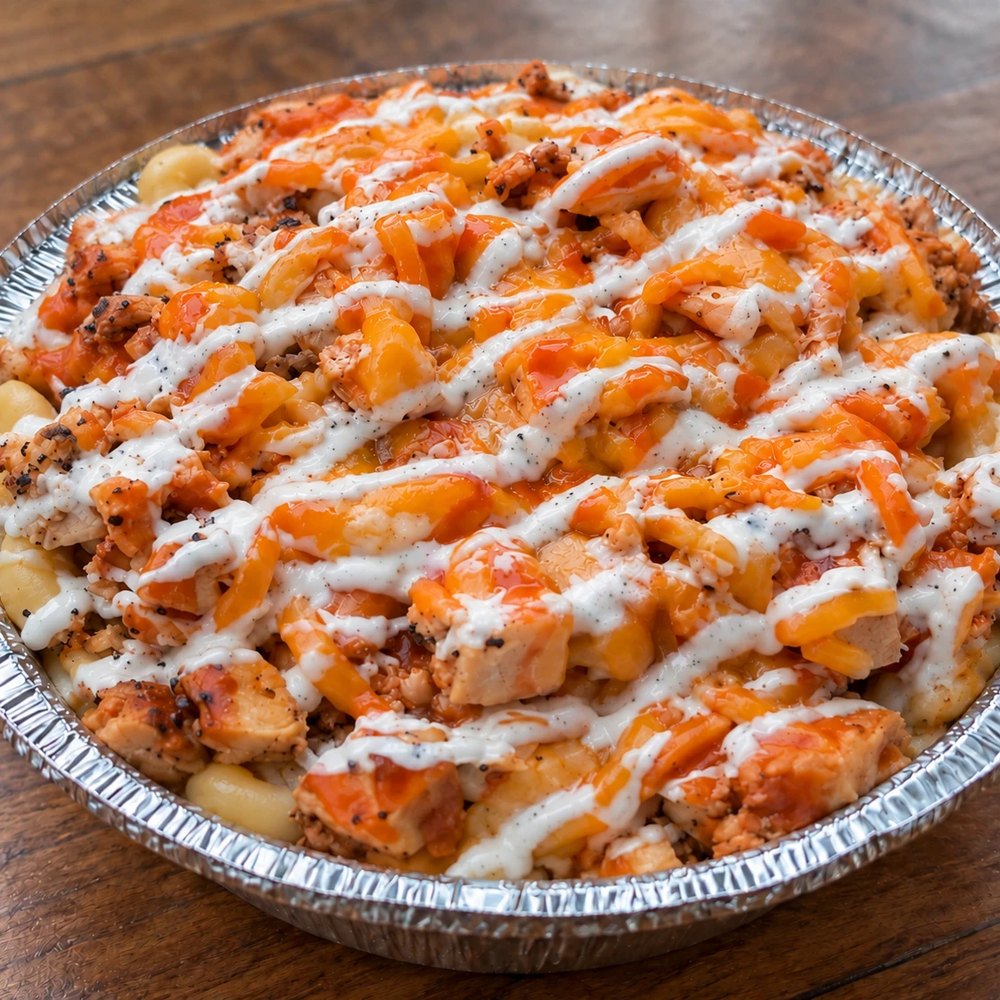 Buffalo Chicken Ranch Loaded Mac — buffalo chicken, cheddar and a ranch drizzle