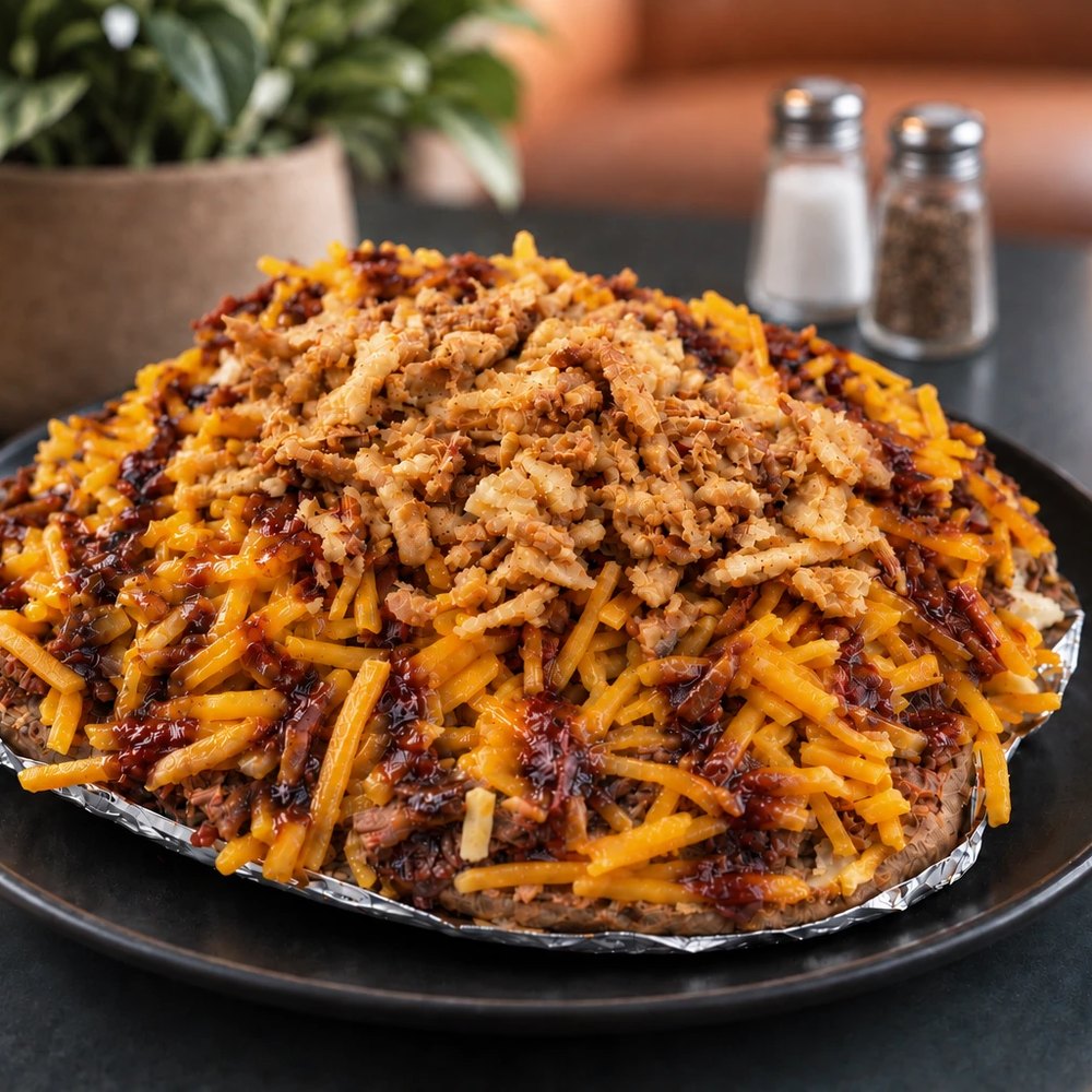 The Texan — brisket, cheddar, hickory barbecue sauce and crispy fried onions