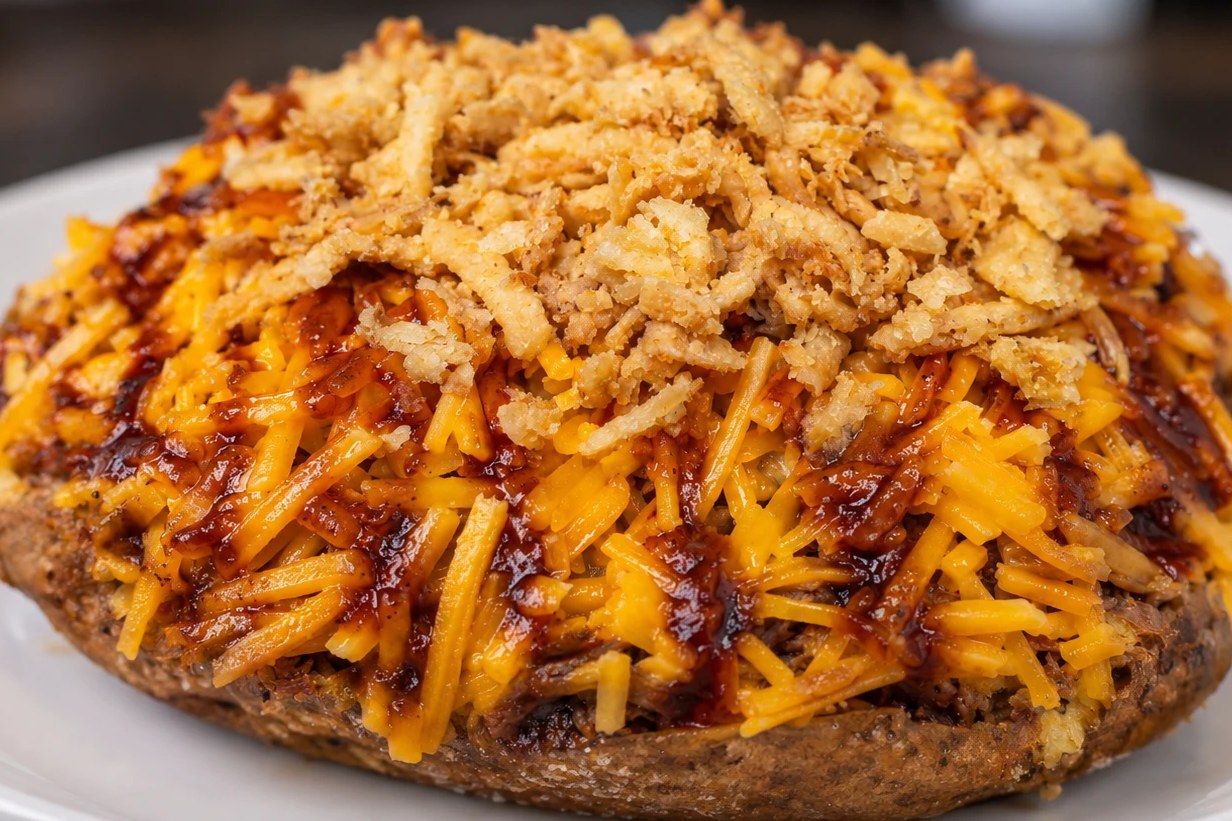 The Texan — a jumbo baked potato piled with smoked brisket, cheddar, barbecue sauce and fried onions